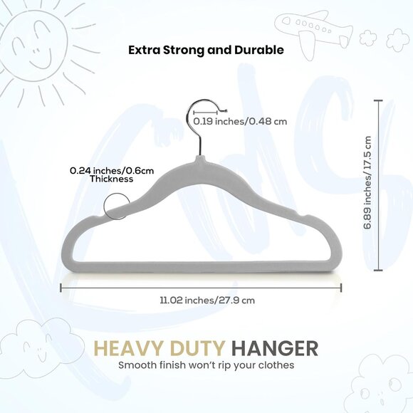 50 Pack Ultra-Slim Grey Velvet Hangers - 11 Inch Non-Slip Kids Closet Solution - Picture 3 of 12